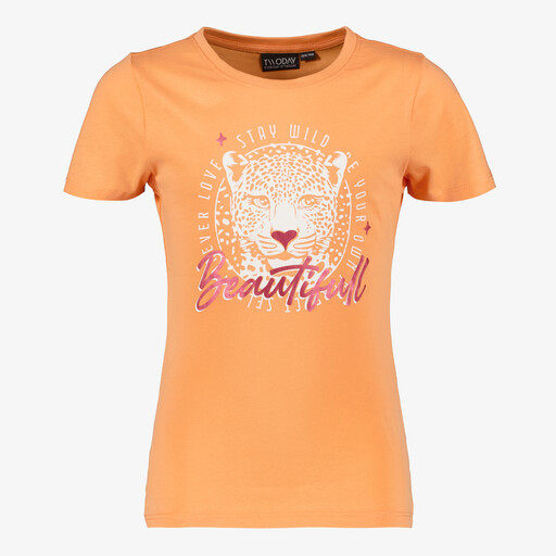 Meisjes T-shirt met luipaardkop oranje