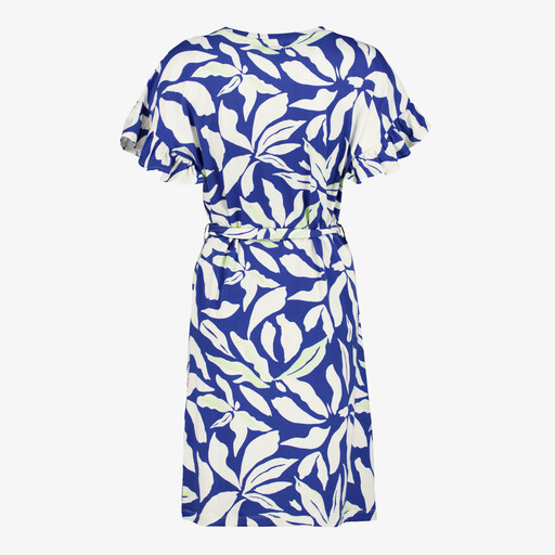 Dames jurk met bladerenprint blauw wit