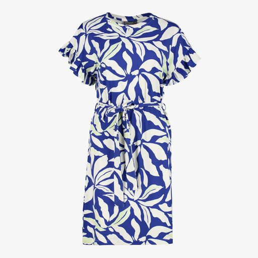Dames jurk met bladerenprint blauw wit