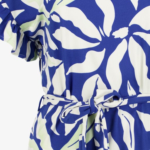 Dames jurk met bladerenprint blauw wit