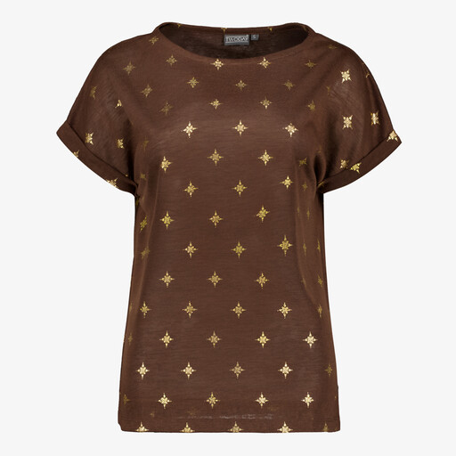 Dames top met goudkleurige print bruin