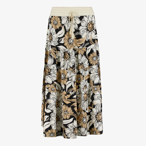 Dames maxi rok met bloemenprint beige zwart