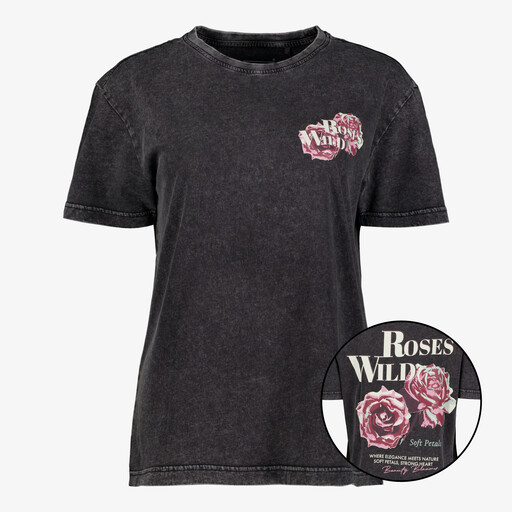 Dames acid wash T-shirt met backprint zwart