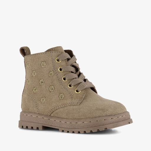 Suède meisjes veterboots met bloemetjes taupe