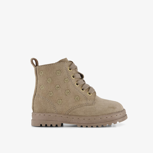 Suède meisjes veterboots met bloemetjes taupe