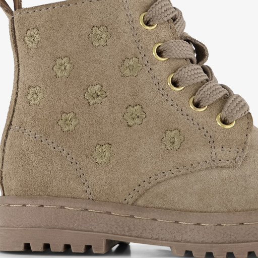Suède meisjes veterboots met bloemetjes taupe