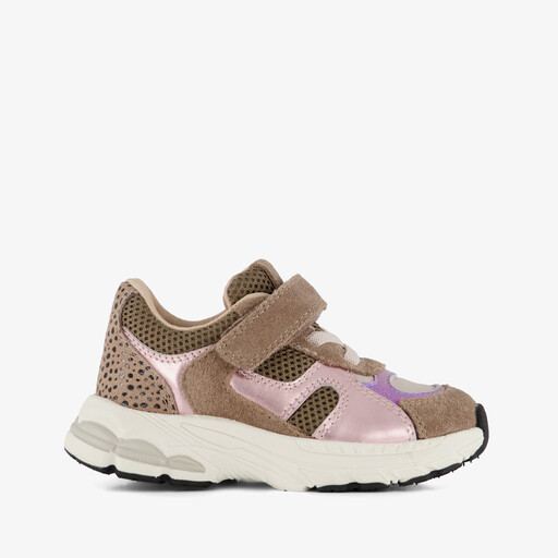 Leren meisjes sneakers met metallic details bruin
