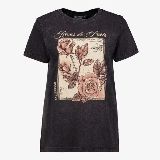 Dames acid wash T-shirt met rozen
