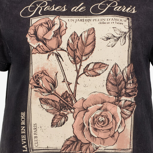 Dames acid wash T-shirt met rozen