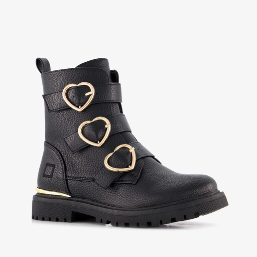 Meisjes biker boots zwart met hartjes gespen