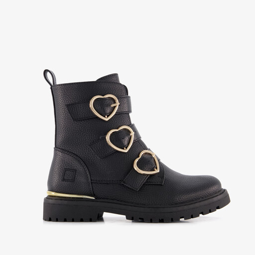 Meisjes biker boots zwart met hartjes gespen