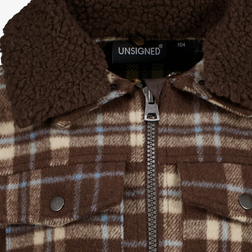 Geruite jongens shacket met teddy kraag bruin