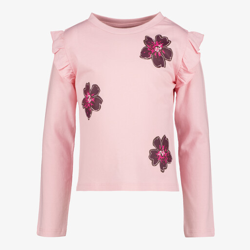 Meisjes shirt met bloemen en ruches lichtroze