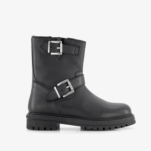 Leren meisjes biker boots met gespen zwart