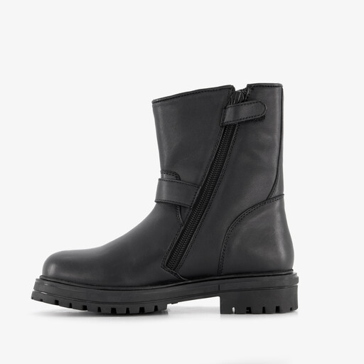 Leren meisjes biker boots met gespen zwart