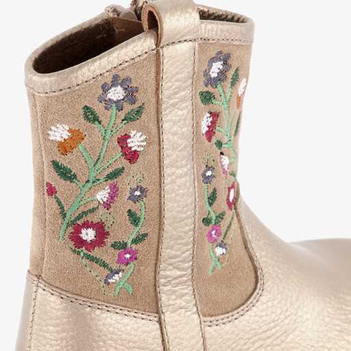 Leren meisjes enkellaarsjes met bloemen goud