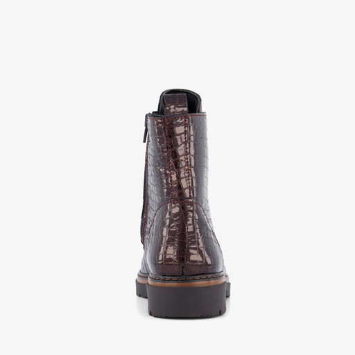 Leren croco dames veterboots bordeauxrood
