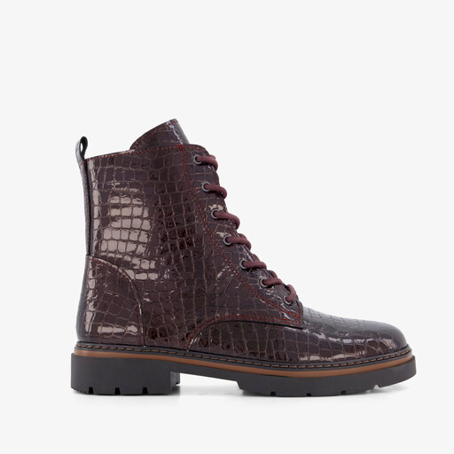 Leren croco dames veterboots bordeauxrood