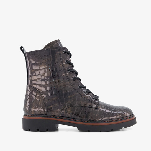 Leren croco dames veterboots bruin