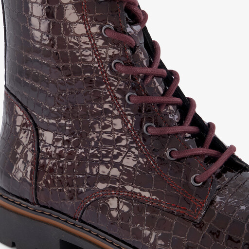 Leren croco dames veterboots bordeauxrood