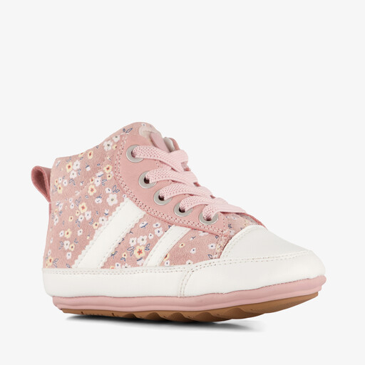 Leren babyschoenen met bloemenprint roze
