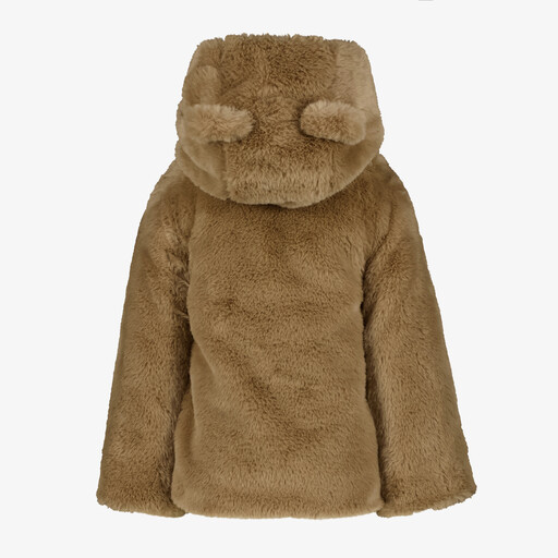 Meisjes imitatiebont jas met capuchon lichtbruin