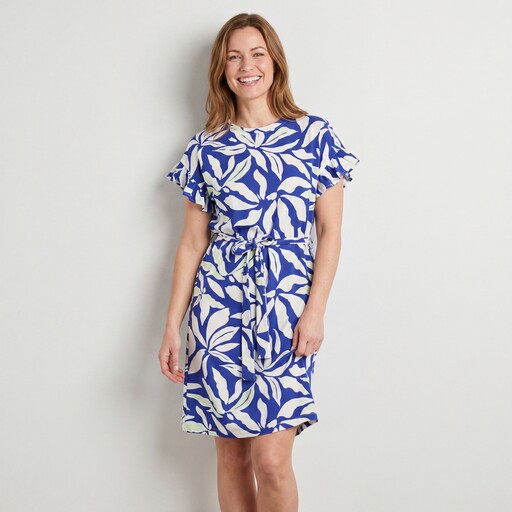 Dames jurk met bladerenprint blauw wit