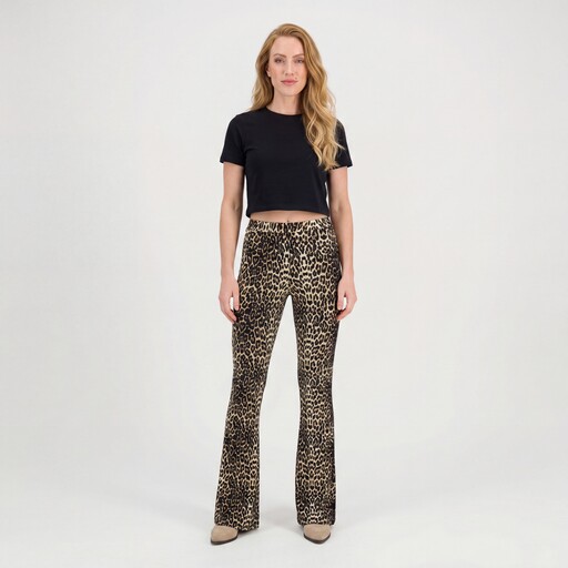 Dames flared broek bruin met panterprint