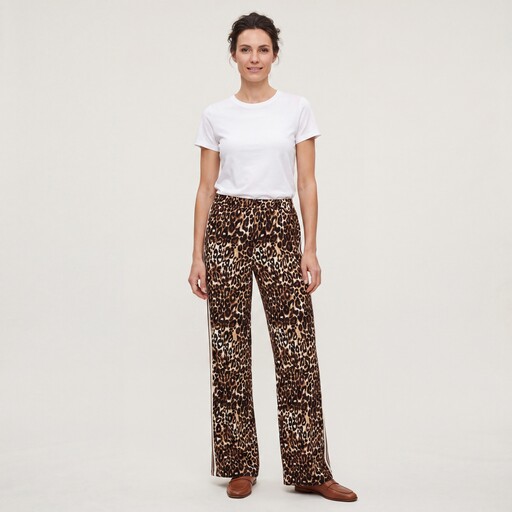 Dames wide leg broek met bies en panterprint