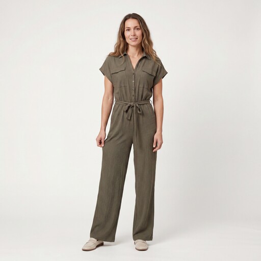 Dames crinkle jumpsuit korte mouw groen