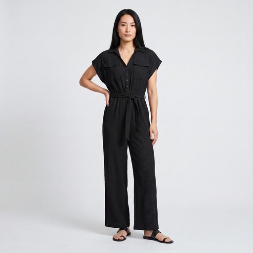 Dames crinkle jumpsuit korte mouw zwart