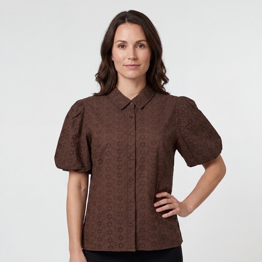Dames broderie blouse met korte mouwen bruin