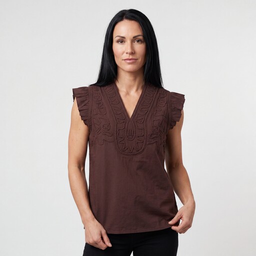 Mouwloze dames blouse met borduursels bruin