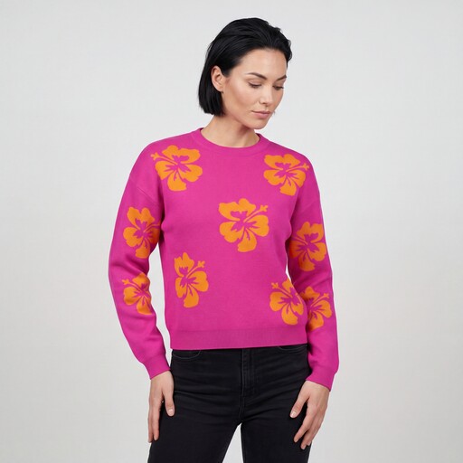 Dames trui met bloemen roze oranje