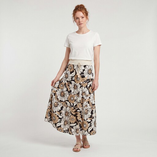 Dames maxi rok met bloemenprint beige zwart
