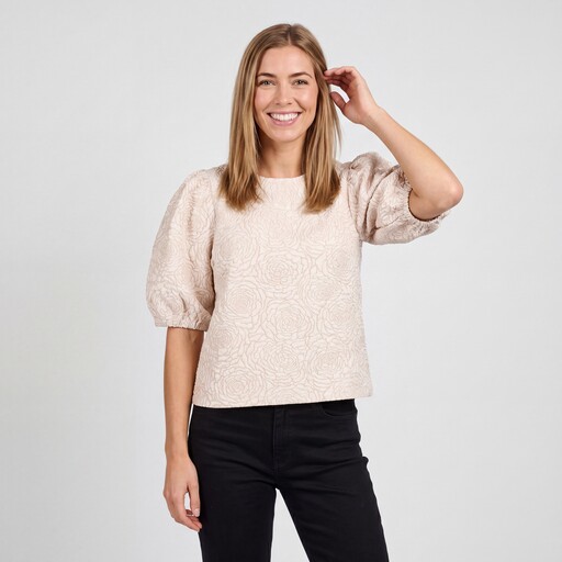 Dames top met pofmouwen beige