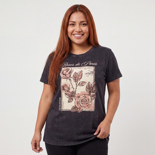 Dames acid wash T-shirt met rozen
