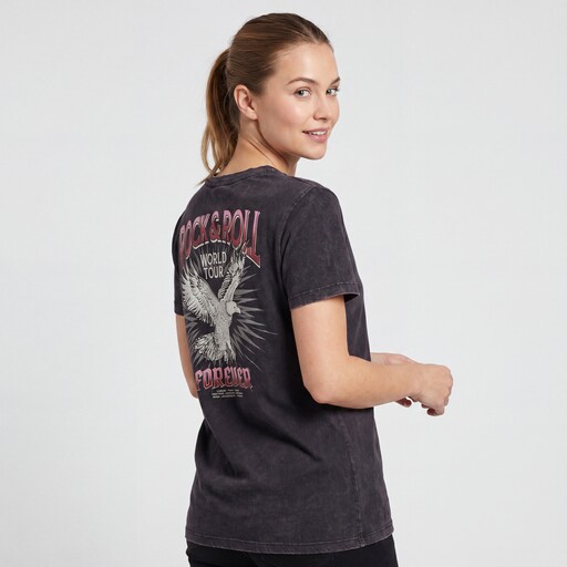 Dames acid wash T-shirt met backprint