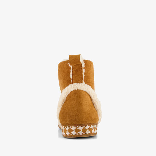 Hoge dames pantoffels met teddy voering cognac