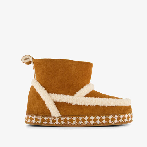 Hoge dames pantoffels met teddy voering cognac