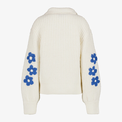Gebreid meisjes vest wit met blauwe bloemen