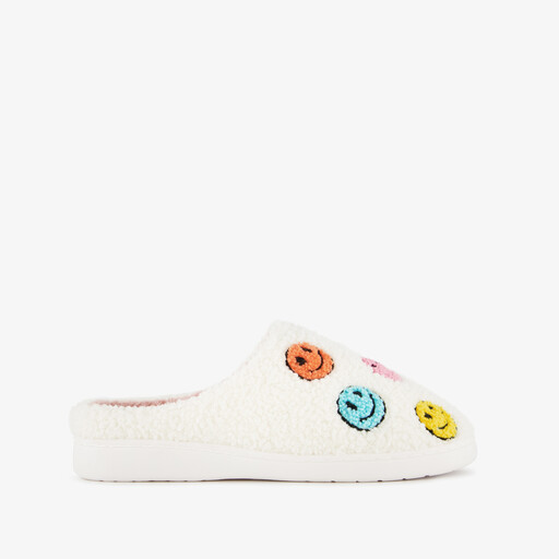 Dames teddy pantoffels met smileys beige