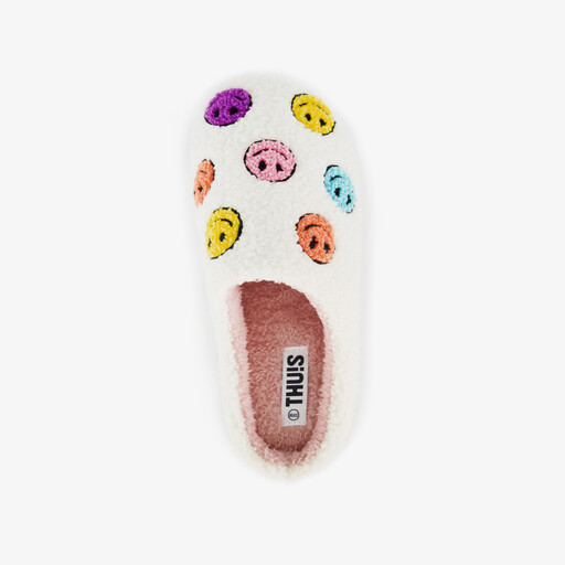 Dames teddy pantoffels met smileys beige