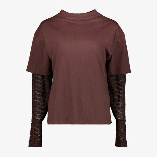 Dames T-shirt met kanten mouwen donkerbruin