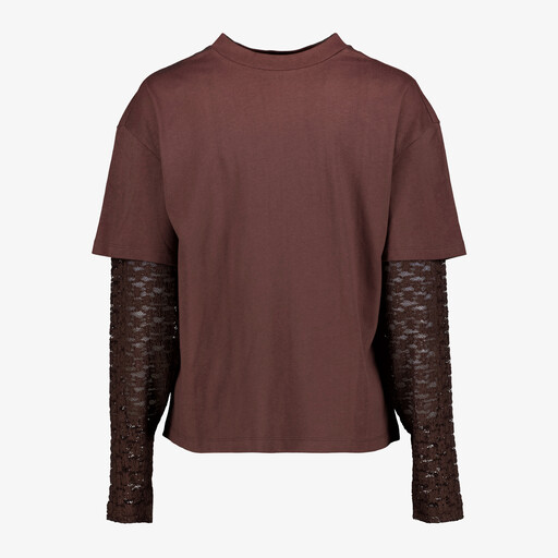 Dames T-shirt met kanten mouwen donkerbruin