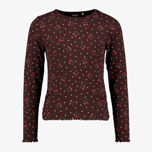 Name It geribd meisjes shirt met kersjes roodbruin