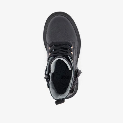 Leren meisjes veterboots met strik zwart