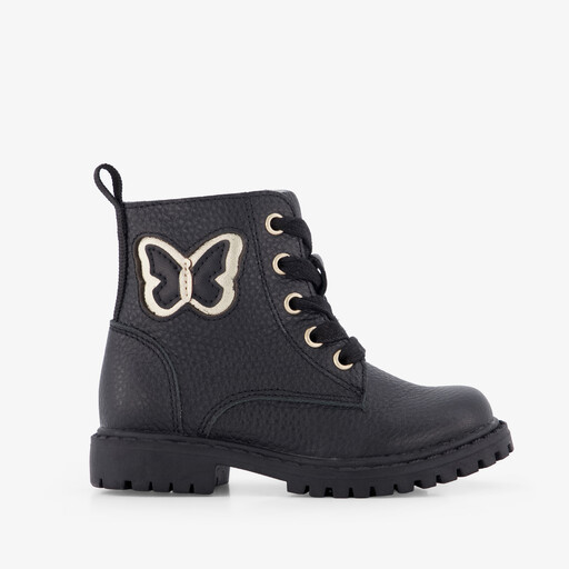 Leren meisjes veterboots met vlinder zwart