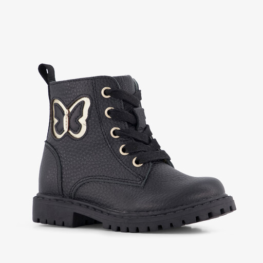 Leren meisjes veterboots met vlinder zwart