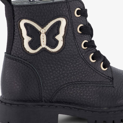 Leren meisjes veterboots met vlinder zwart